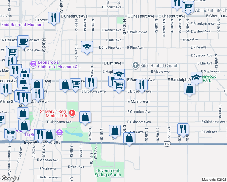 map of restaurants, bars, coffee shops, grocery stores, and more near 917 E Broadway Ave in Enid