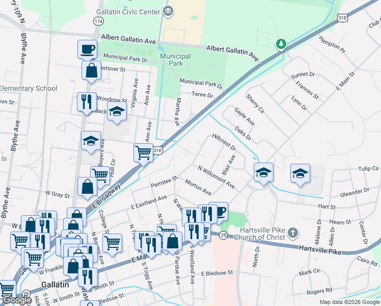 map of restaurants, bars, coffee shops, grocery stores, and more near 544 Perrolee Street in Gallatin