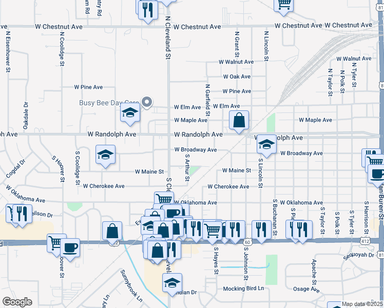 map of restaurants, bars, coffee shops, grocery stores, and more near 2302 West Maine Street in Enid