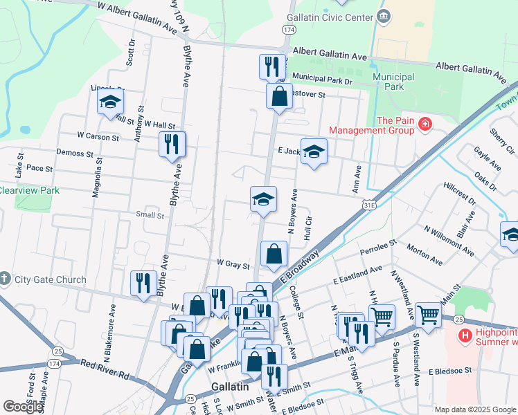 map of restaurants, bars, coffee shops, grocery stores, and more near 520 North Water Avenue in Gallatin