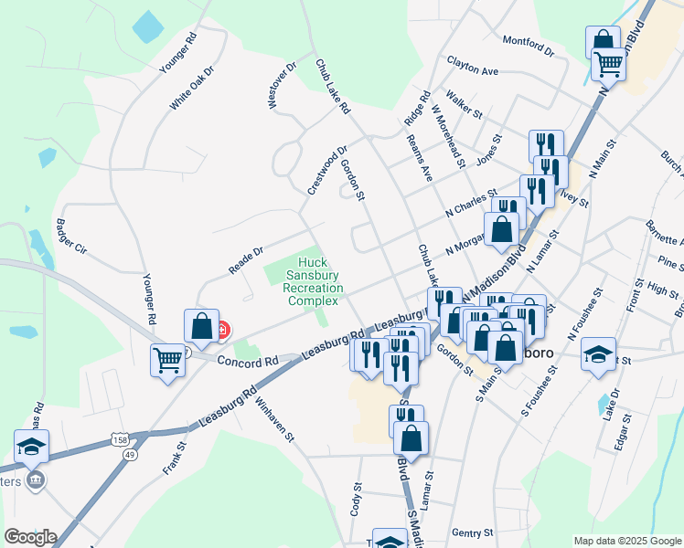 map of restaurants, bars, coffee shops, grocery stores, and more near 410 Long Avenue in Roxboro