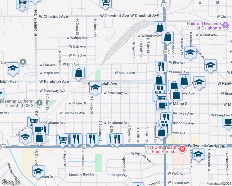 map of restaurants, bars, coffee shops, grocery stores, and more near West Broadway Avenue in Enid