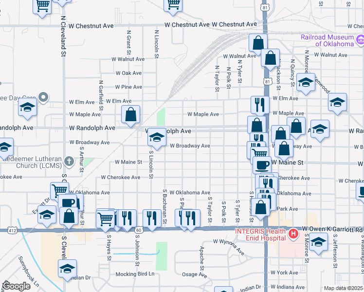 map of restaurants, bars, coffee shops, grocery stores, and more near West Broadway Avenue in Enid