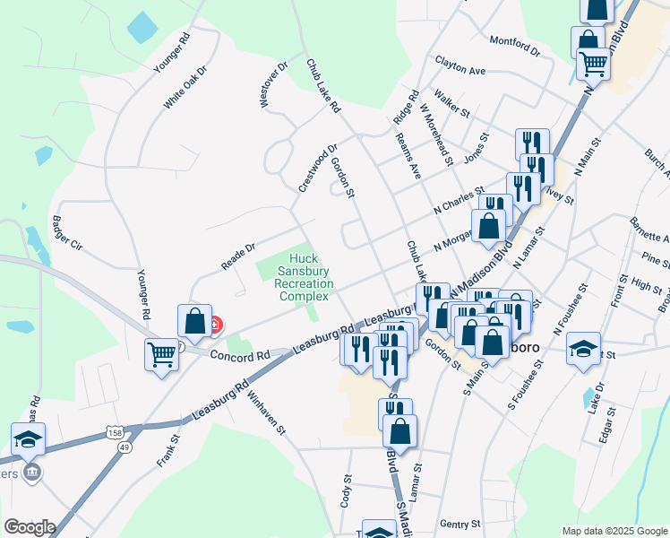 map of restaurants, bars, coffee shops, grocery stores, and more near 410 Long Avenue in Roxboro