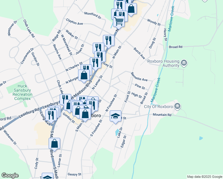 map of restaurants, bars, coffee shops, grocery stores, and more near 400 North Main Street in Roxboro