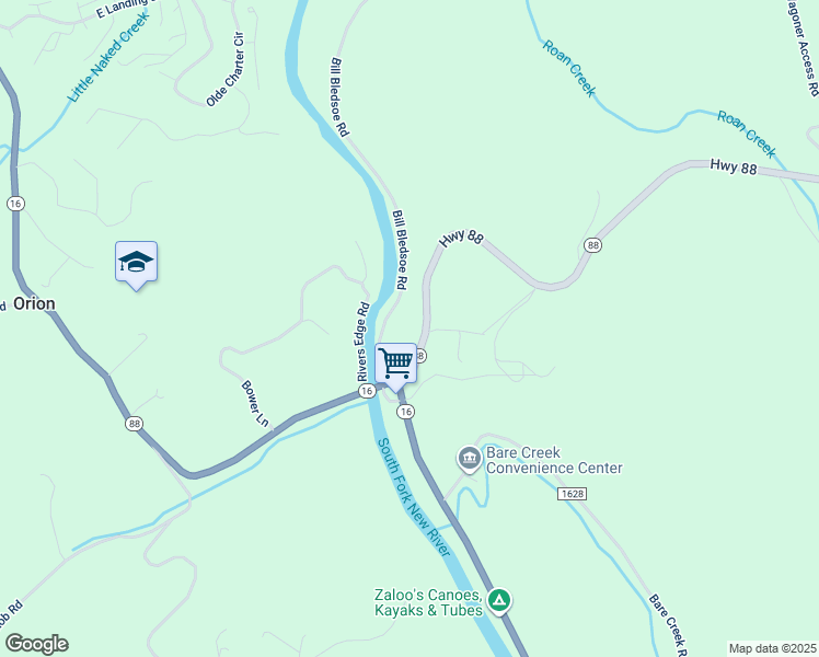 map of restaurants, bars, coffee shops, grocery stores, and more near 197 North Carolina 88 in Jefferson