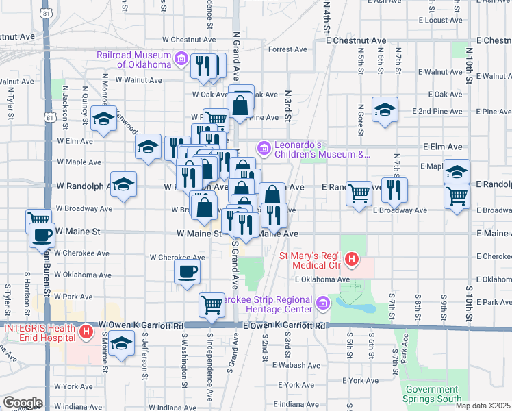 map of restaurants, bars, coffee shops, grocery stores, and more near 205 E Randolph Ave in Enid