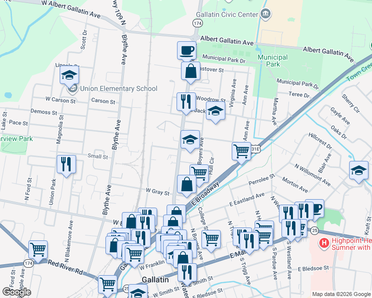 map of restaurants, bars, coffee shops, grocery stores, and more near 568 North Water Avenue in Gallatin