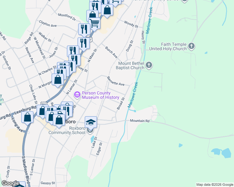 map of restaurants, bars, coffee shops, grocery stores, and more near 308 Pine Street in Roxboro