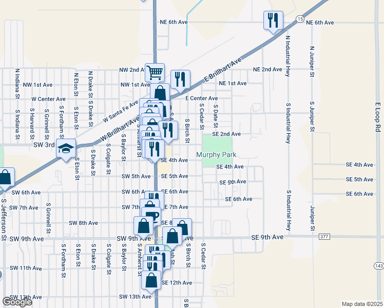map of restaurants, bars, coffee shops, grocery stores, and more near 201-253 Southeast 3rd Avenue in Perryton