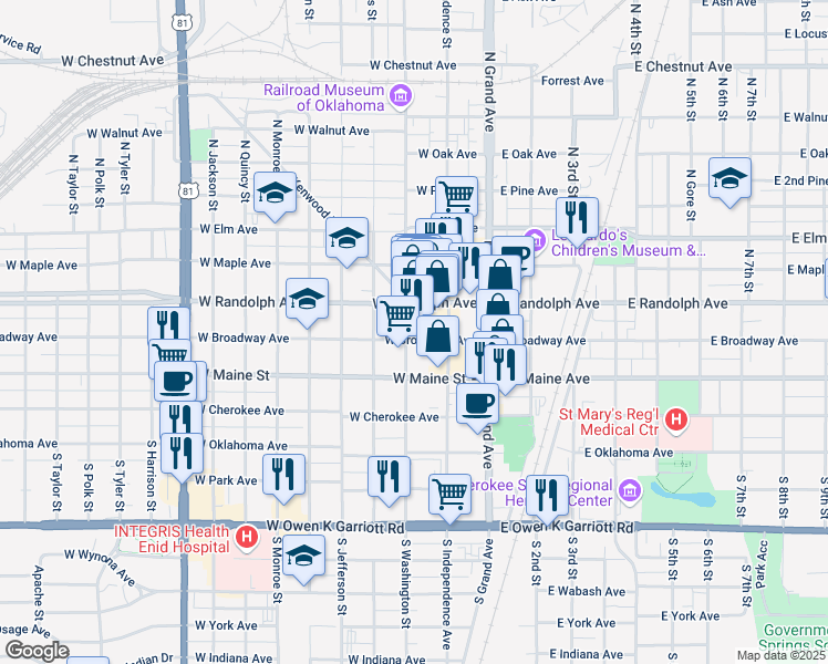 map of restaurants, bars, coffee shops, grocery stores, and more near 226 West Broadway Avenue in Enid
