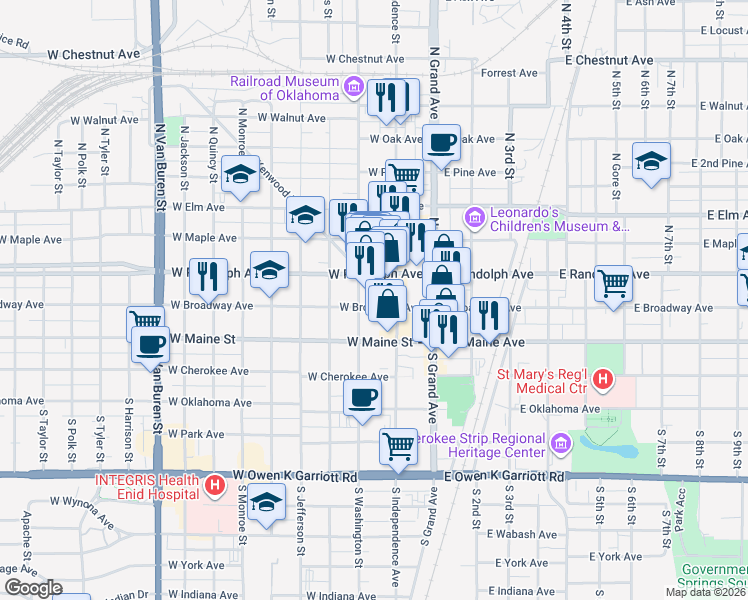 map of restaurants, bars, coffee shops, grocery stores, and more near 226 West Broadway Avenue in Enid