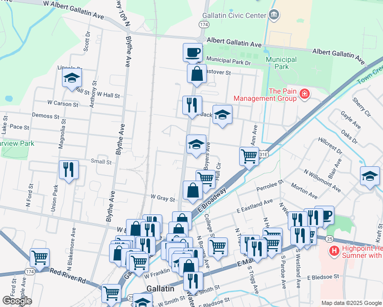map of restaurants, bars, coffee shops, grocery stores, and more near 568 North Water Avenue in Gallatin