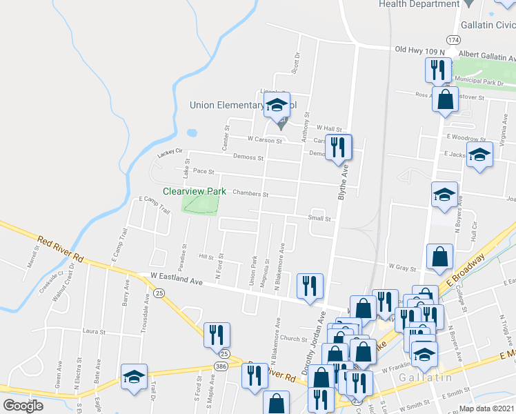 map of restaurants, bars, coffee shops, grocery stores, and more near 520 Magnolia Street in Gallatin