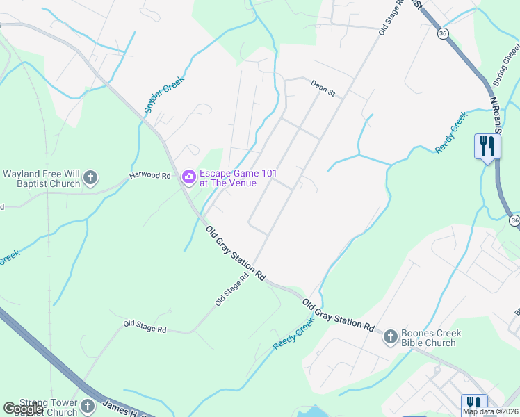 map of restaurants, bars, coffee shops, grocery stores, and more near 142 Clearview Street in Gray