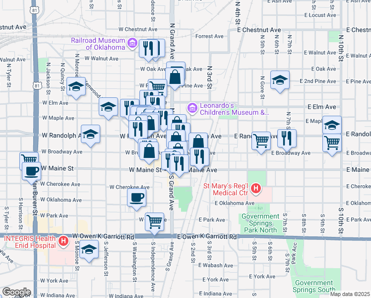 map of restaurants, bars, coffee shops, grocery stores, and more near 205 E Randolph Ave in Enid