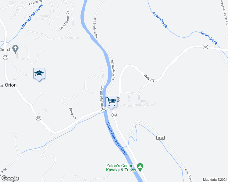 map of restaurants, bars, coffee shops, grocery stores, and more near 197 North Carolina 88 in Jefferson