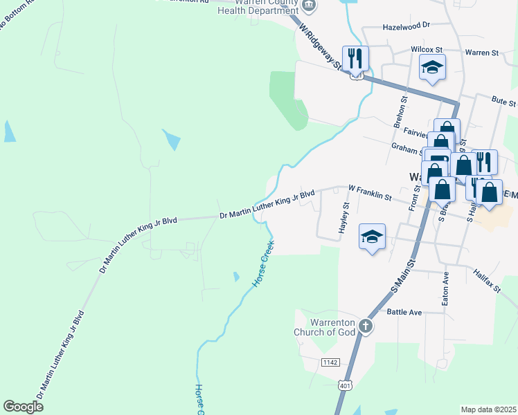 map of restaurants, bars, coffee shops, grocery stores, and more near Doctor Martin Luther King Junior Boulevard in Warrenton