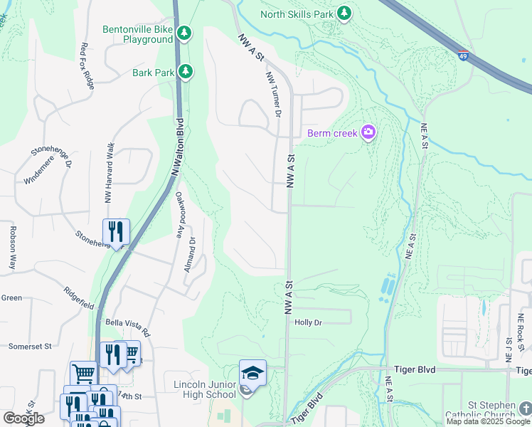 map of restaurants, bars, coffee shops, grocery stores, and more near 2100 Northwest Turner Drive in Bentonville
