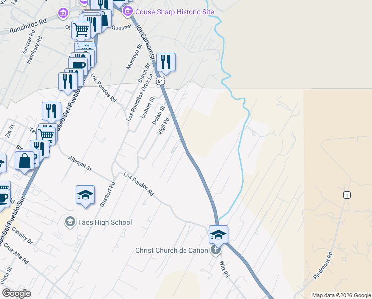 map of restaurants, bars, coffee shops, grocery stores, and more near 414 Espinoza Road in Taos