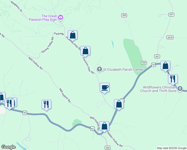 map of restaurants, bars, coffee shops, grocery stores, and more near 440 Passion Play Road in Eureka Springs