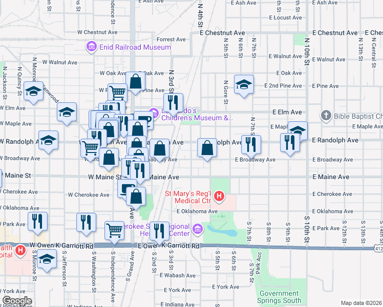 map of restaurants, bars, coffee shops, grocery stores, and more near 135 North 4th Street in Enid