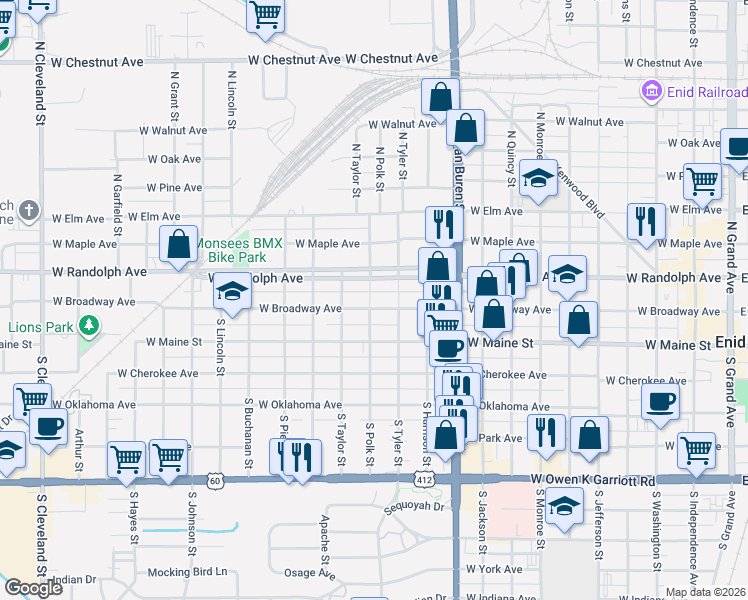 map of restaurants, bars, coffee shops, grocery stores, and more near 1205 West Randolph Avenue in Enid