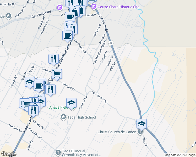 map of restaurants, bars, coffee shops, grocery stores, and more near 400-410 Magdelena Lane in Taos