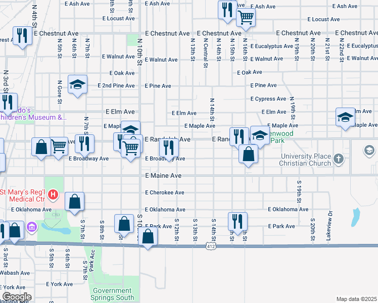 map of restaurants, bars, coffee shops, grocery stores, and more near 1215 East Randolph Avenue in Enid