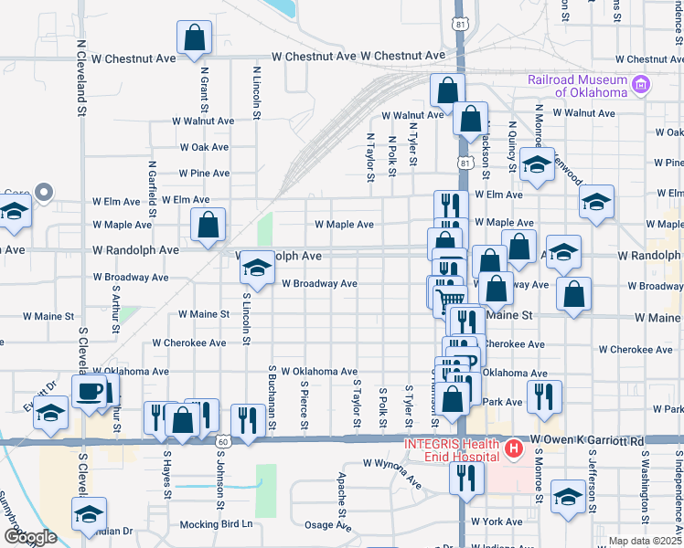 map of restaurants, bars, coffee shops, grocery stores, and more near 1429 West Randolph Avenue in Enid