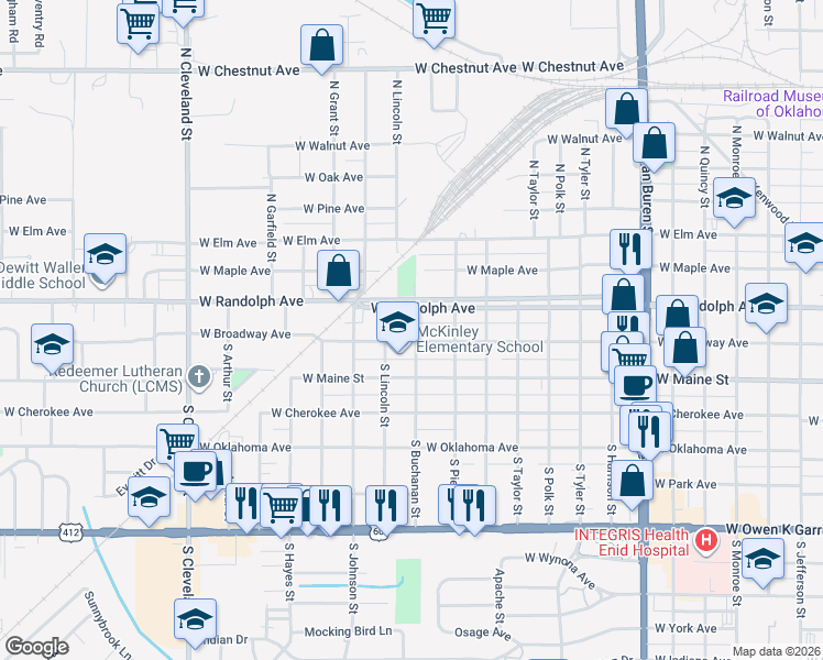 map of restaurants, bars, coffee shops, grocery stores, and more near 1631 West Randolph Avenue in Enid