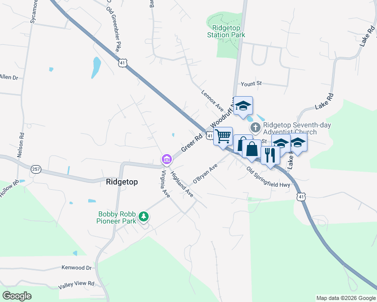 map of restaurants, bars, coffee shops, grocery stores, and more near 5106 Greer Road in Goodlettsville