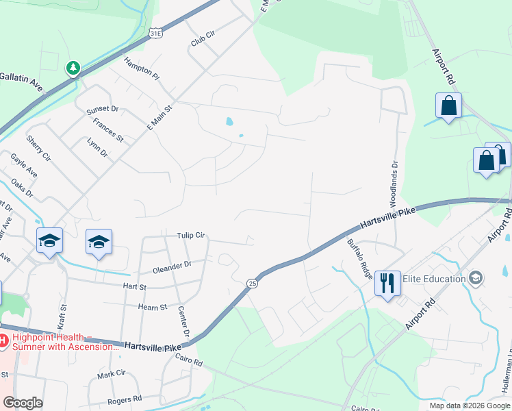 map of restaurants, bars, coffee shops, grocery stores, and more near 225 Hutch Court in Gallatin