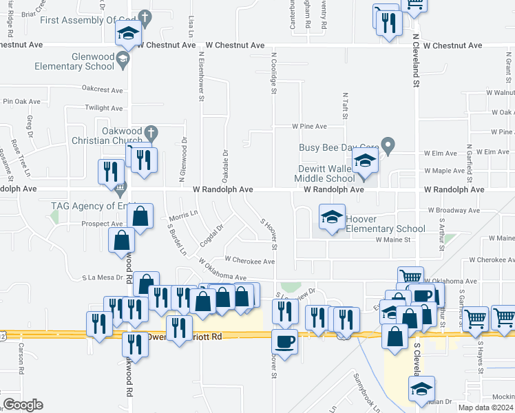 map of restaurants, bars, coffee shops, grocery stores, and more near 107 North Hoover Street in Enid