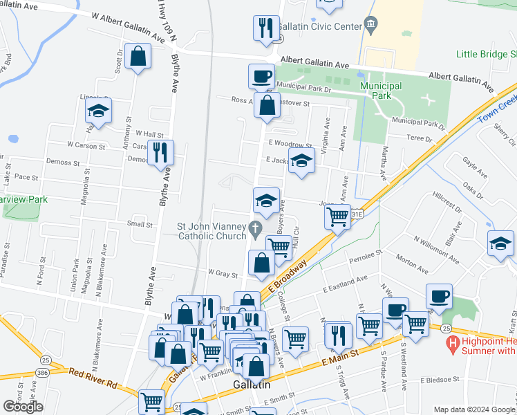 map of restaurants, bars, coffee shops, grocery stores, and more near 555 North Water Avenue in Gallatin