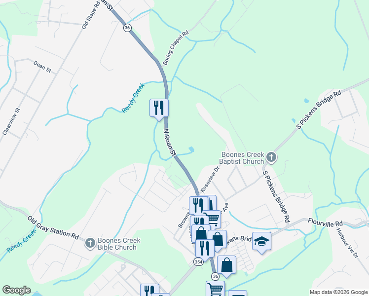 map of restaurants, bars, coffee shops, grocery stores, and more near 23 Pepper Ridge Court in Johnson City