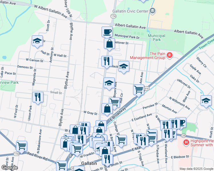 map of restaurants, bars, coffee shops, grocery stores, and more near 568 North Water Avenue in Gallatin
