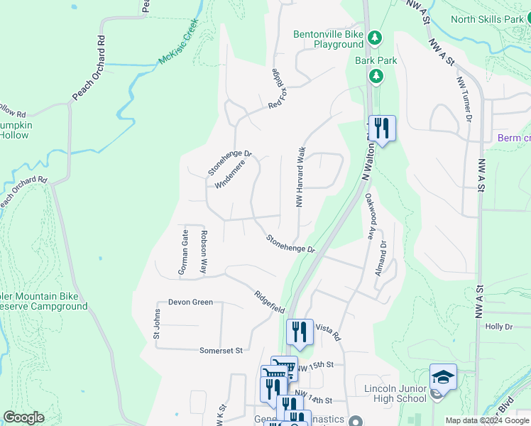 map of restaurants, bars, coffee shops, grocery stores, and more near 3 Wiltshire Lane in Bentonville