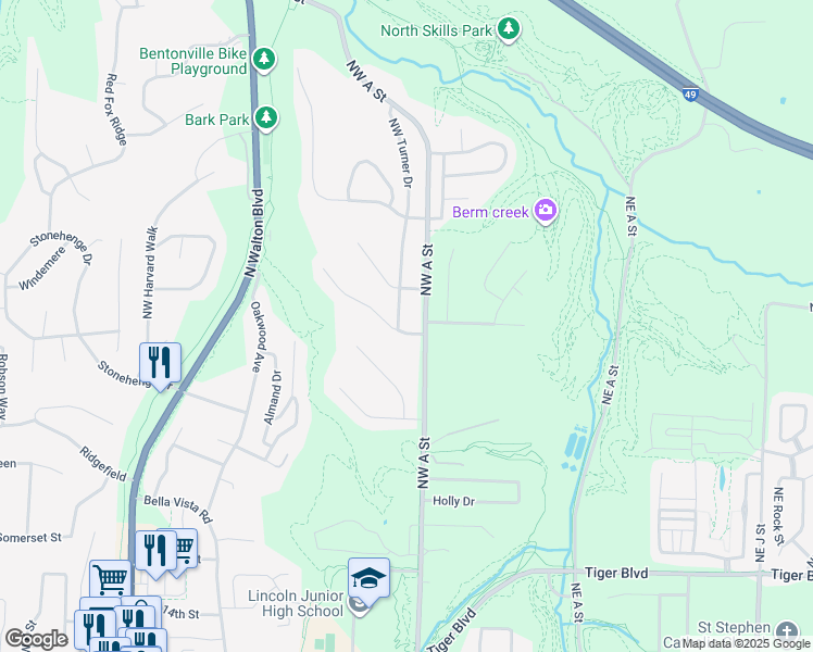 map of restaurants, bars, coffee shops, grocery stores, and more near 2100 Northwest Turner Drive in Bentonville