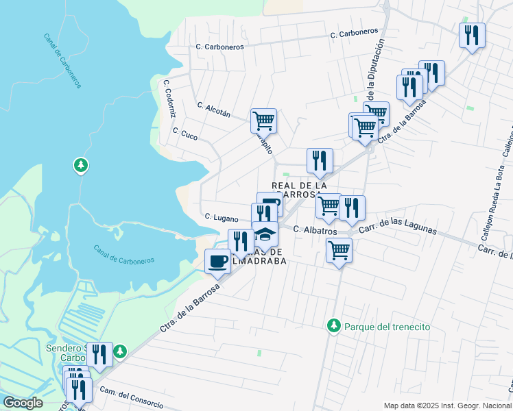 map of restaurants, bars, coffee shops, grocery stores, and more near 72 Calle Oca in Chiclana de la Frontera