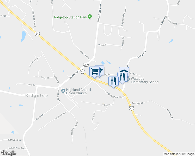 map of restaurants, bars, coffee shops, grocery stores, and more near 1765 U.S. 41 in Ridgetop