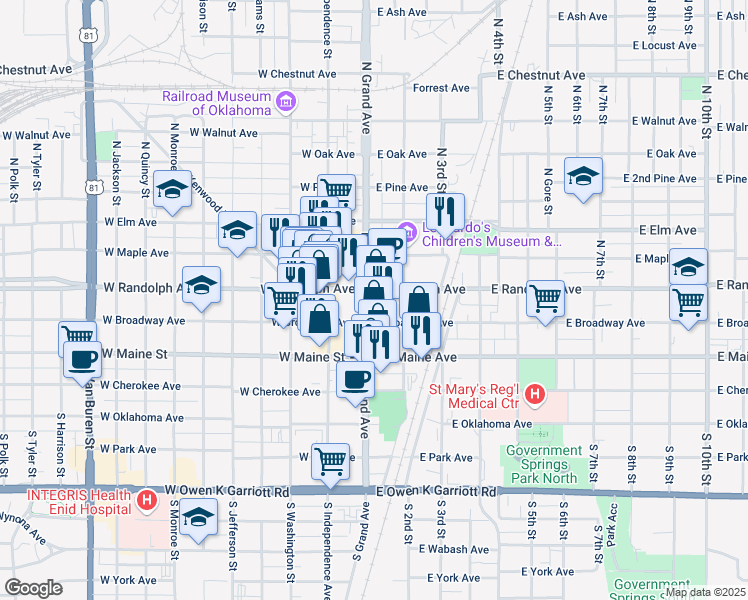 map of restaurants, bars, coffee shops, grocery stores, and more near 117 North Grand Avenue in Enid