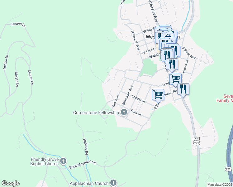 map of restaurants, bars, coffee shops, grocery stores, and more near 504 Oak Avenue in West Jefferson