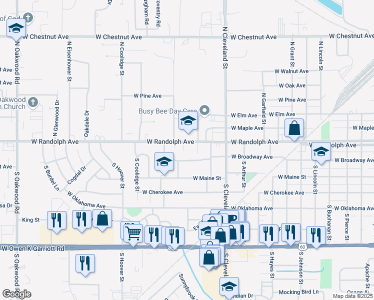 map of restaurants, bars, coffee shops, grocery stores, and more near 2601 West Randolph Avenue in Enid