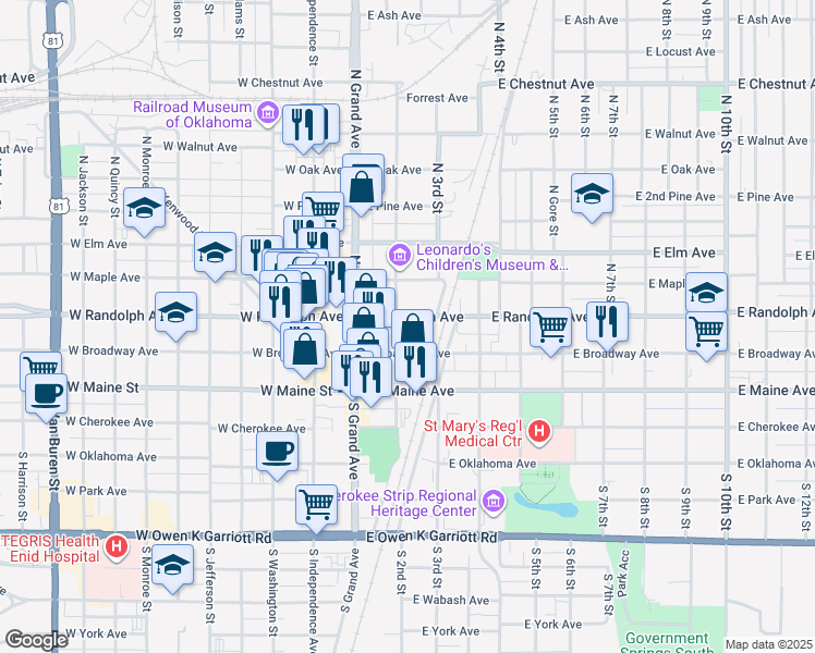 map of restaurants, bars, coffee shops, grocery stores, and more near 205 East Randolph Avenue in Enid