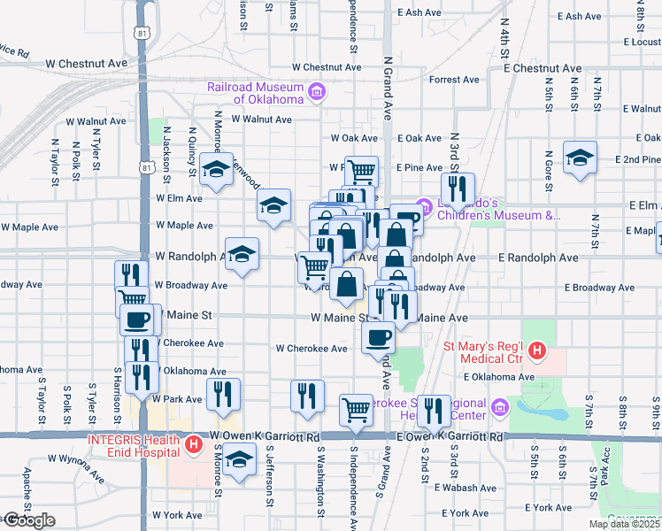 map of restaurants, bars, coffee shops, grocery stores, and more near 226 West Broadway Avenue in Enid
