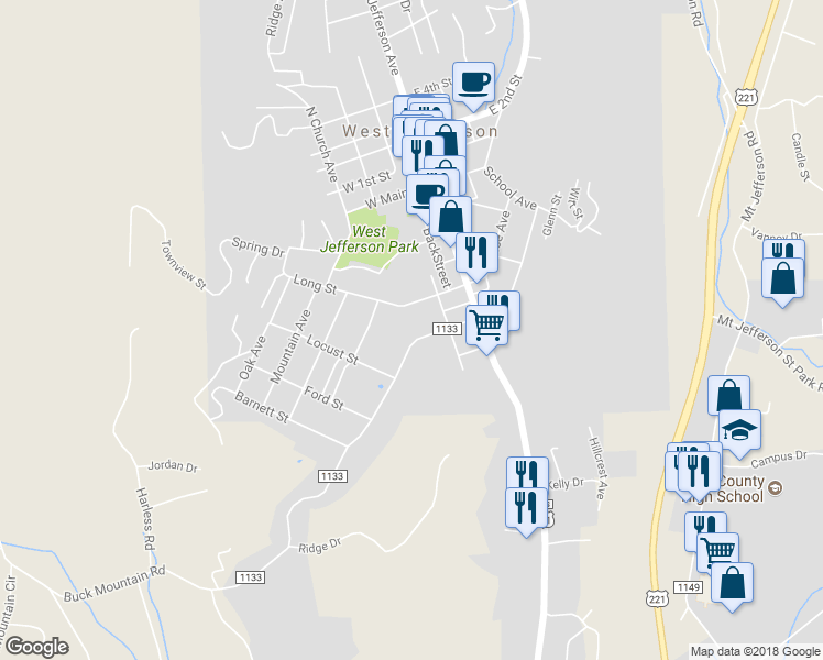 map of restaurants, bars, coffee shops, grocery stores, and more near 206 East Buck Mountain Road in West Jefferson