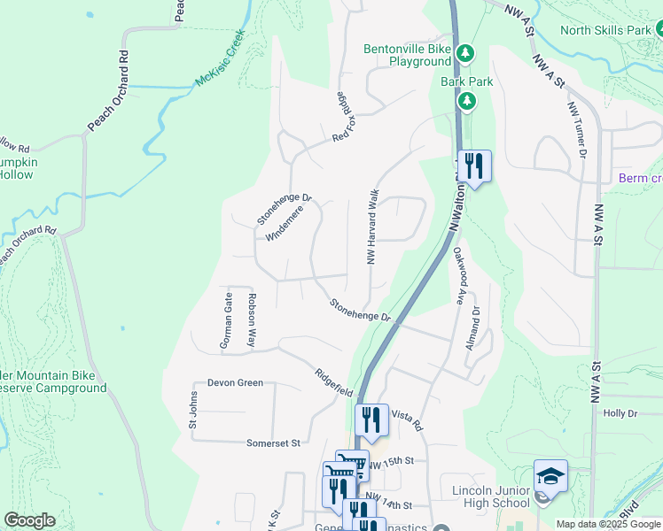 map of restaurants, bars, coffee shops, grocery stores, and more near 3 Wiltshire Lane in Bentonville