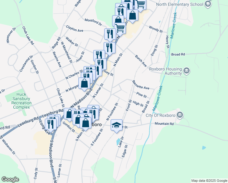 map of restaurants, bars, coffee shops, grocery stores, and more near 400 North Main Street in Roxboro