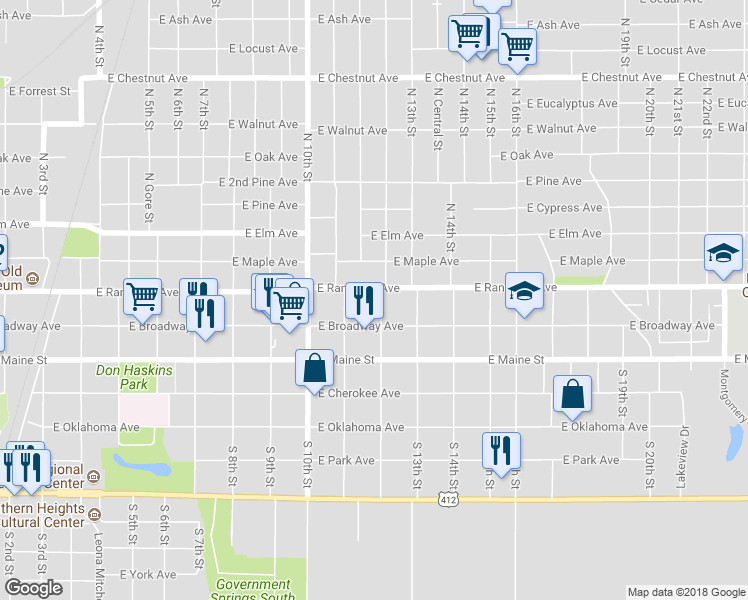 map of restaurants, bars, coffee shops, grocery stores, and more near 114 North 12th Street in Enid